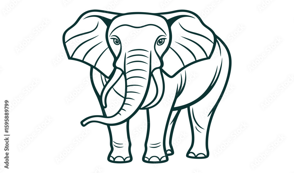 Obraz premium An isolated cartoon illustration of a large, gray elephant with a trunk and tusks, walking against a white background