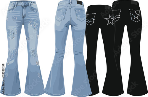 Flared jeans CAD vector illustration with heart and star rhinestone designs, front and back view, trendy fashion denim layout