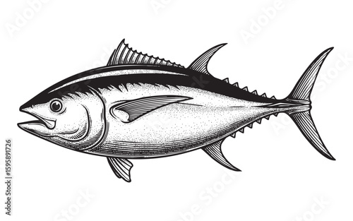 tuna fish woodcut engraving vector illustration