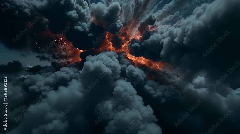 Powerful explosion effect at nighttime, vivid flames illuminating darkness