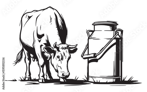 Milk can and cow woodcut engraving vector illustration