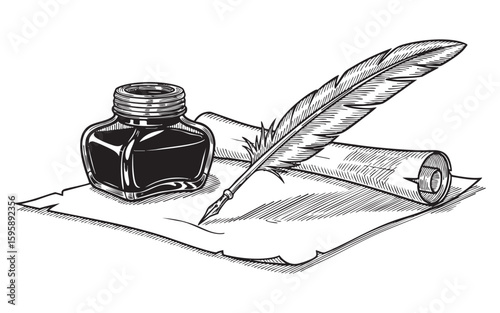 vintage quill and inkwell on parchment woodcut engraving vector illustration