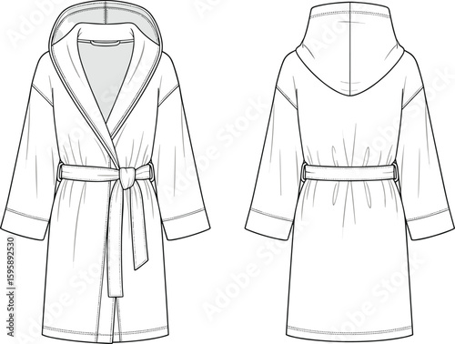 Flat cad drawing of hooded bathrobe with belt, front and back views, vector fashion sketch for sleepwear or loungewear design
