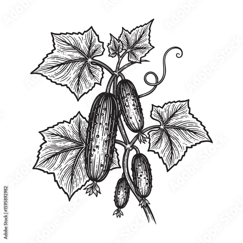Cucumber plant woodcut engraving vector illustration