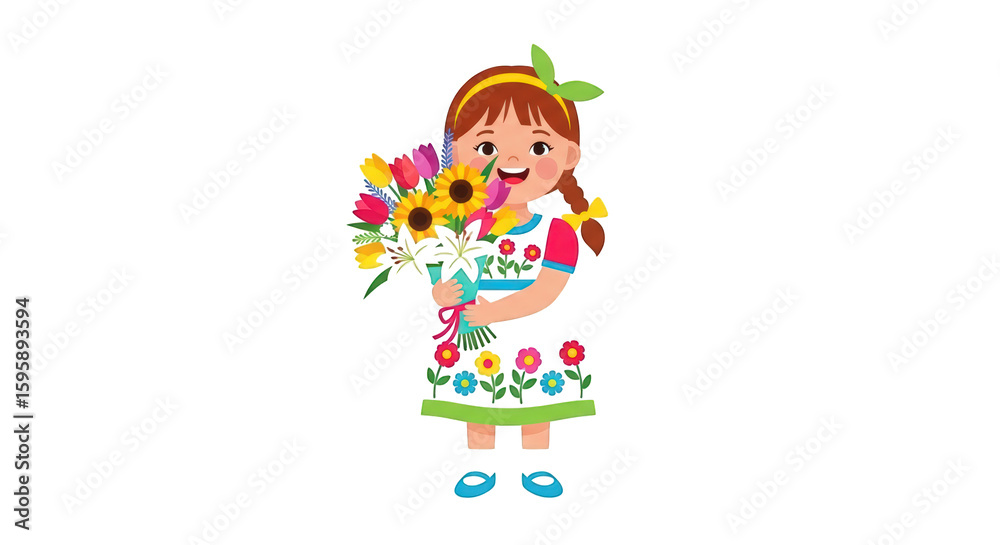 Detailed illustration related to girl holding beautiful flower bouquet, including elements like Kid, Happiness, Child, Lilies. Detailed illustration related to girl holding beautiful flower bouquet, including elements like Kid, Happiness, Child, Lilies.