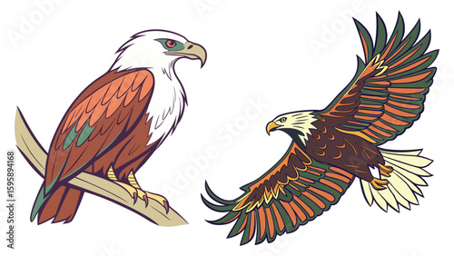 Bald Eagles Vector Illustration. Perched and Flying Eagles with Geometric Flat Design on White Background