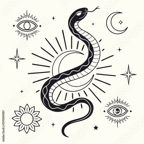 Mystic snake line art vector design with intricate details and symbolic elements for various applications