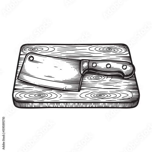 Butcher cleaver on wooden cutting board woodcut engraving vector illustration