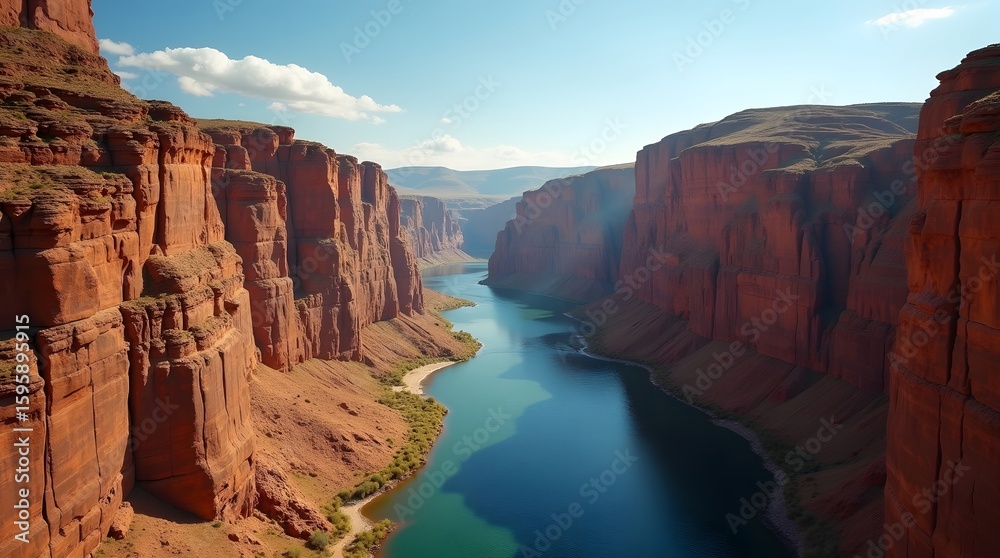 Fototapeta premium A stunning aerial view of a deep canyon with a winding river flowing through it, carved into red rock formations under a clear sky.