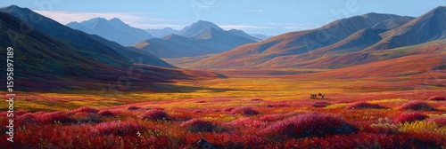 Alaskan tundra autumn fire colors with dwarf willow red carpet and distant caribou herd, arctic palette for climate documentaries or wilderness conservation art.