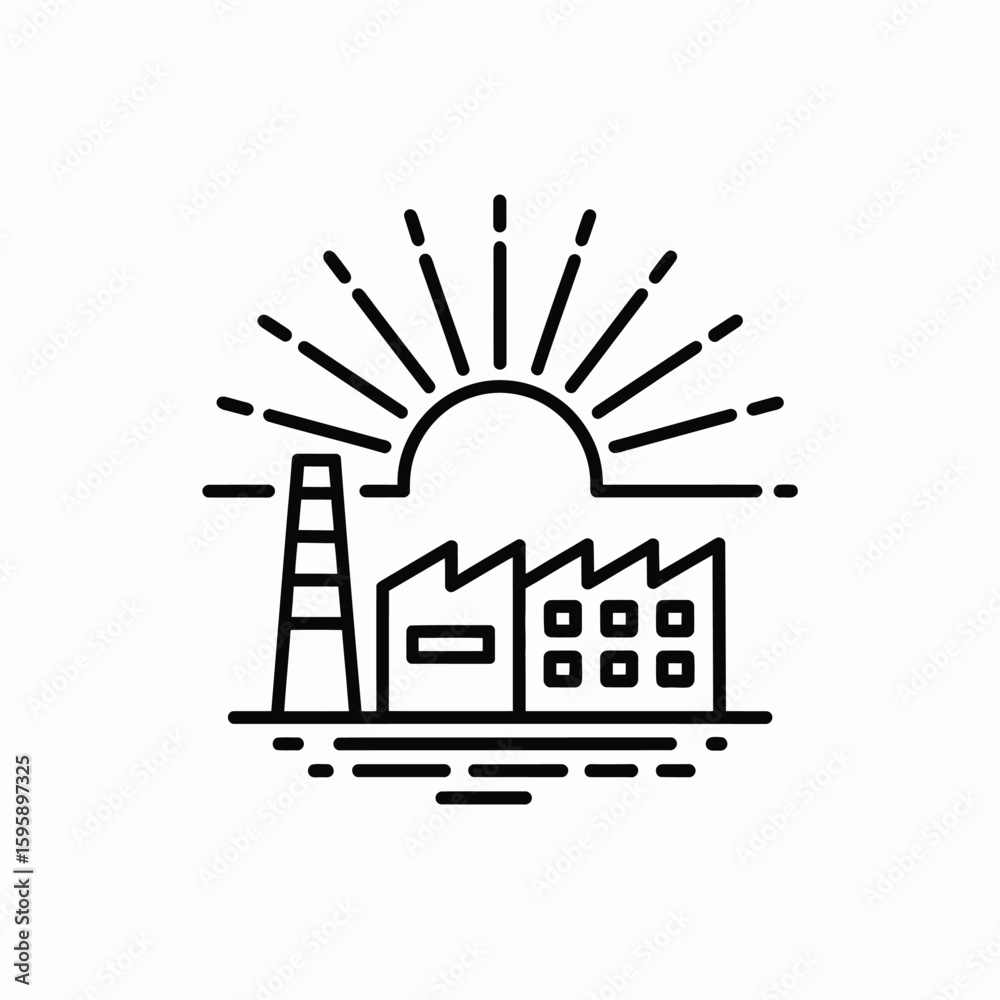 Naklejka premium Industrial factory outline with sun rising environmental concept vector illustration