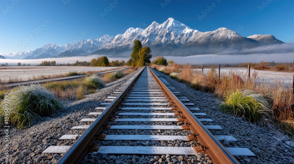 Fototapeta premium Snowy railroad tracks mountain landscape