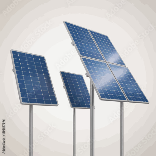 Three solar panels mounted on poles against a light background