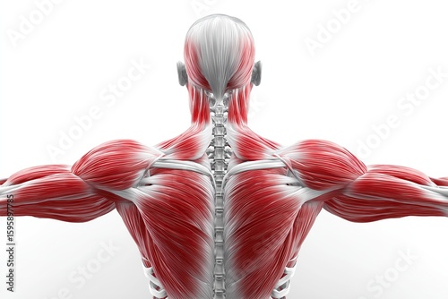 Detailed anatomical illustration of human back musculature in vibrant red, showcasing complex muscle structures and layered anatomy against white background for strength training and fitness education