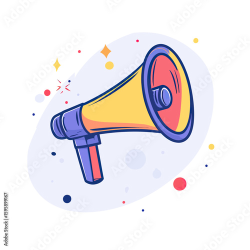 Colorful megaphone illustration with vibrant yellow and orange horn and blue handle isolated on white background with decorative dots and sparkles vector design