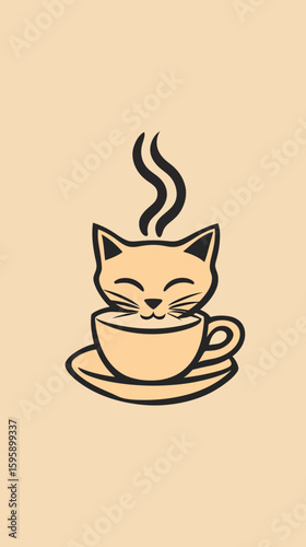 Minimalist vector logo of smiling cat head inside steaming coffee cup on saucer with simple black line art on beige background