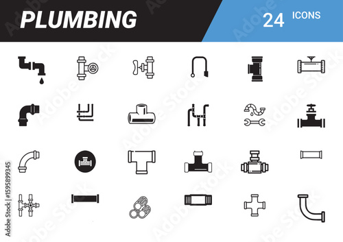 Plumbing Icon Set: A comprehensive collection of 24 distinct, graphic plumbing icons, offering a versatile array of elements essential for depicting various aspects of the plumbing industry.