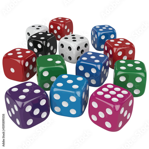 Collection of colorful dice scattered on a white background