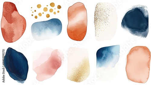 Abstract watercolor shapes in terracotta, blue, orange, blush, pink, ivory, and beige, accented with gold foil details on a white background. A versatile set for logos, wall art, posters, and business