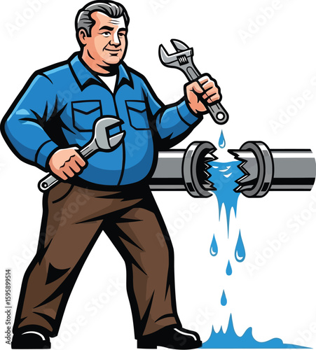 A cartoon plumber stands ready with wrenches next to a burst pipe, water gushing out, showcasing plumbing issues and the need for repair services in a clear, illustrative style.