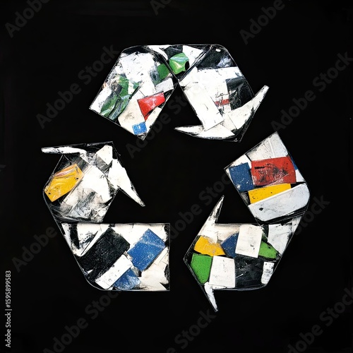 A recycled metal texture forms the classic three-arrow sustainability symbol, embodying eco-conscious design.