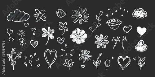 Hand drawn chalkboard style flower hearts cloud doodle set whimsical children sketch nature elements charming simple line art vector illustration design