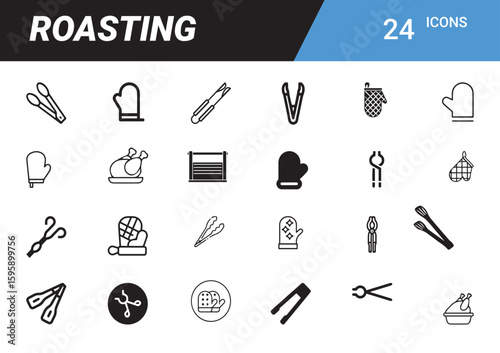Roasting Icon Set: A collection of stylized icons related to the process of roasting food, featuring various utensils, tools, and the image of roasted poultry. 