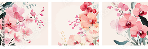 Elegant pink orchid flowers with delicate buds and light pastel foliage in minimalist floral cards set for wedding invitations or decorative backgrounds vector illustration