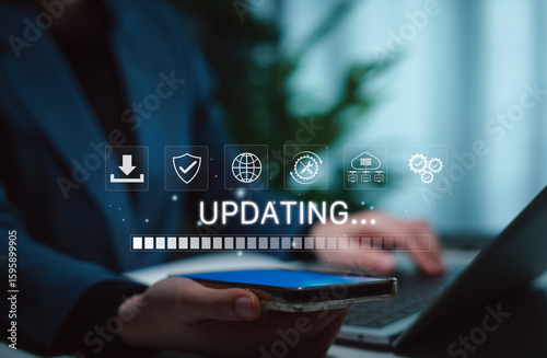 Software update or operating system, update software application upgrade technology concept. updating progress bar, installing app patch, new version loading, program downloading, improved security,