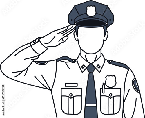 Illustration showcases a police officer in uniform giving a salute, rendered in a clean, modern style with crisp lines and a focus on the details of the attire and gesture.