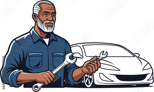 An African American mechanic with a wrench stands proudly in front of a sleek car, embodying expertise and reliability in automotive service and repair.