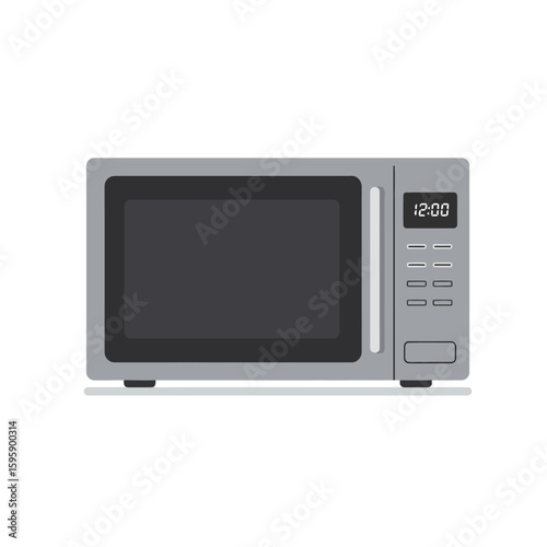 A simple, gray microwave oven with a digital display and control panel is shown against a white background.