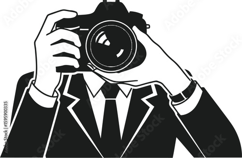 A photographer in a suit holds a DSLR camera, capturing moments with professional equipment and a keen eye, ideal for illustrating photography or business concepts.