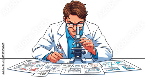 A scientist in a lab coat intently examines samples through a microscope, surrounded by charts and notes, showcasing research and scientific exploration in a laboratory setting.
