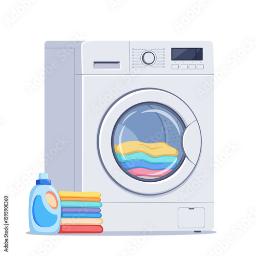 A modern washing machine with laundry detergent and colorful folded towels.