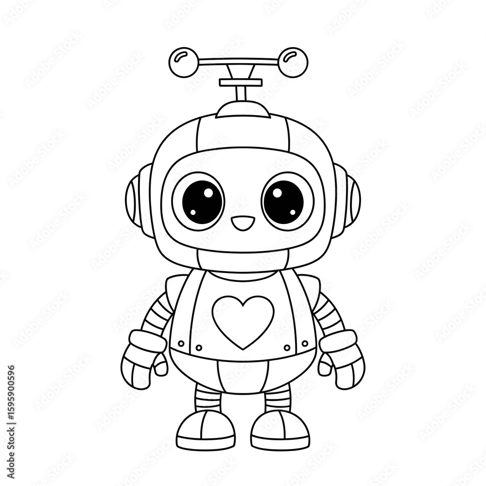 Fototapeta premium Kids coloring page illustration of cute cartoon robot with a heart on its chest isolated on white
