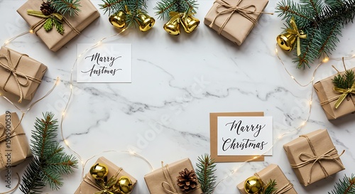 Elegant Christmas Gift Background with 'Merry Christmas' Card on Marble