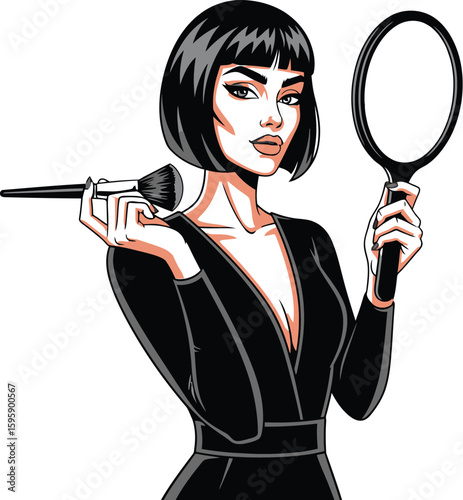 Elegant woman with a bob haircut is holding a makeup brush and a mirror, showcasing beauty and style in a fashion-forward illustration for cosmetic and beauty themes.