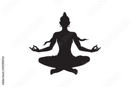 Silhouette of a woman in lotus position meditating a symbol of mindfulness, inner peace, and spiritual well being isolated on a white background for design, Art & Illustration