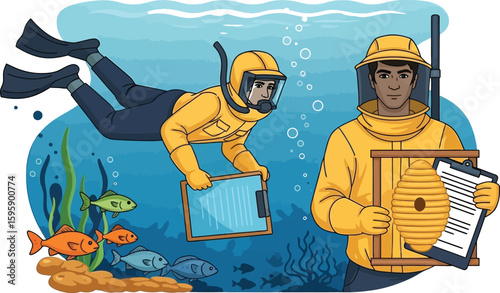 Cartoon illustration showcases a beekeeper in protective gear and a diver inspecting underwater life, creating a whimsical scene with vibrant colors and detailed characters.