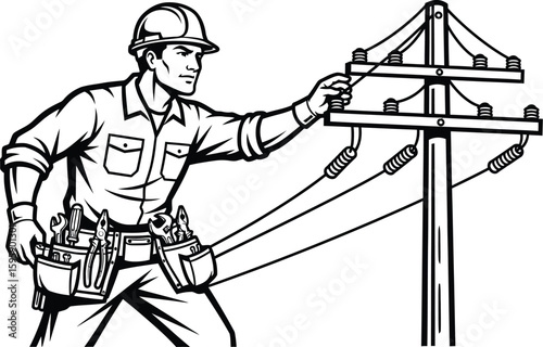 An electrician wearing a hard hat and tool belt works on a power pole, showcasing expertise in electrical maintenance and utility services in a bold, vector illustration.