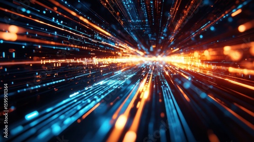 Data Flow: A visual representation of data coursing through digital pathways, illuminated with vibrant streaks of blue and orange light.