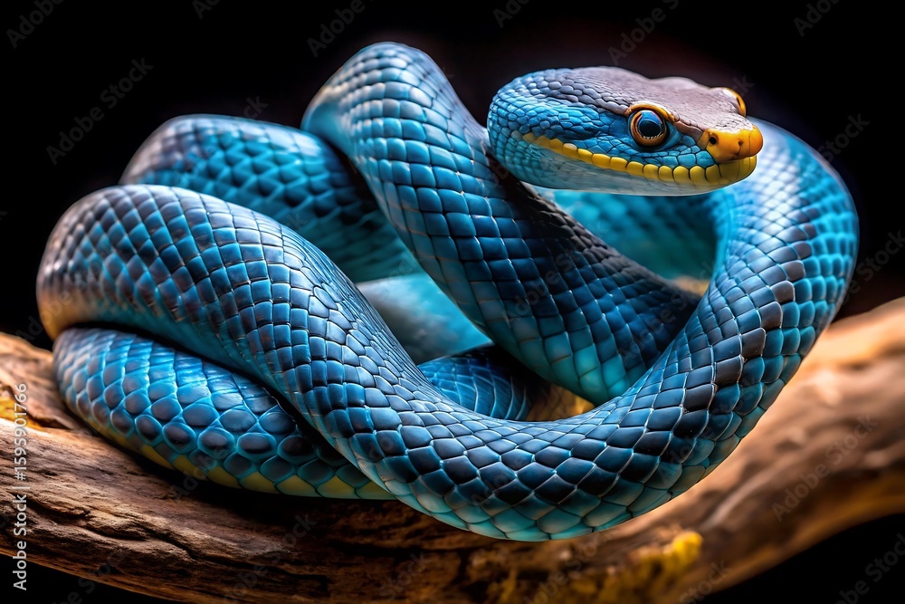 Fototapeta premium Striking Blue Snake Coiled on a Branch with Vivid Details and Colors