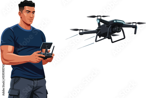 An athletic man is operating a black drone with a remote control, showcasing modern technology and recreational activities in a dynamic and engaging composition.