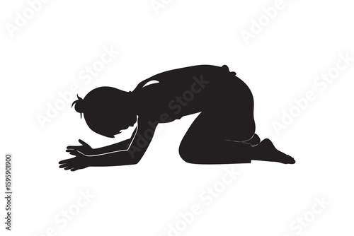 Silhouette of a person performing child's pose, a resting yoga asana, shown in black against a white background, ideal for health and wellness related Art & Illustration