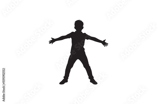 Silhouette of a young boy with arms outstretched standing with legs apart isolated on white background representing freedom joy or a welcoming gestureArt & Illustration