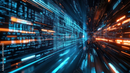 Digital highway: This vibrant artwork captures the essence of modern technology, portraying an immersive journey through a futuristic data stream, rendered in dynamic blue and orange hues.