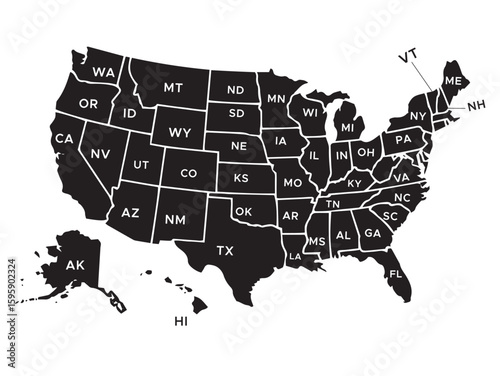 Black United States Map with State Abbreviations – High-Resolution Vector Map of the United States of America.