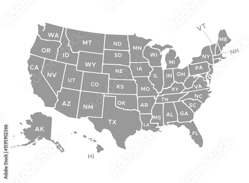 Grey United States Map with State Abbreviations – High-Resolution Vector Map of the United States of America.