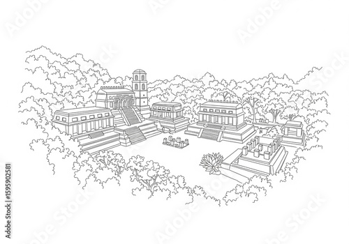 Palenque (Palenque) in Mexico one line drawing style